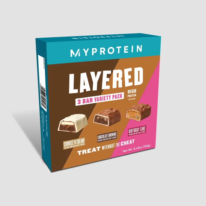 Myprotein Layered Bar 3 Pack Selection Box, Cookies and Cream, Birthday Cake, Chocolate Brownie (USA)