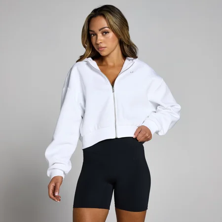 Sweat à capuche court avec fermeture éclair MP Basics pour femmes – Blanc