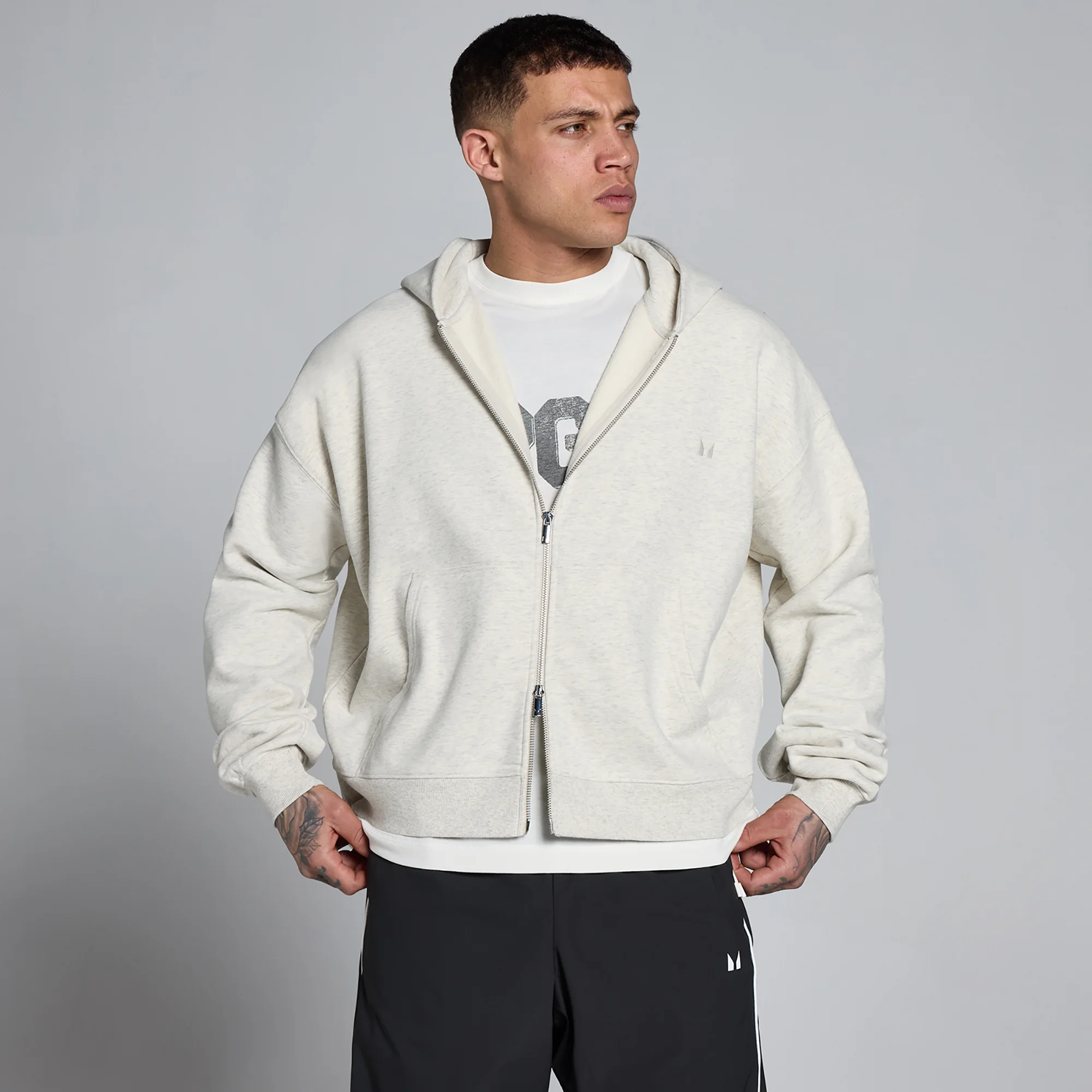 Sweat à capuche zippé bidirectionnel oversize en molleton Lift MP homme - Gris chiné crème - XS Image 1