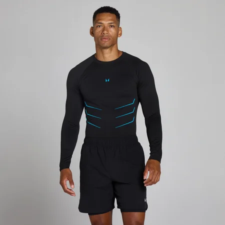 Top sans couture manches longues Lift coupe muscle fit - Noir délavé/Bleu power