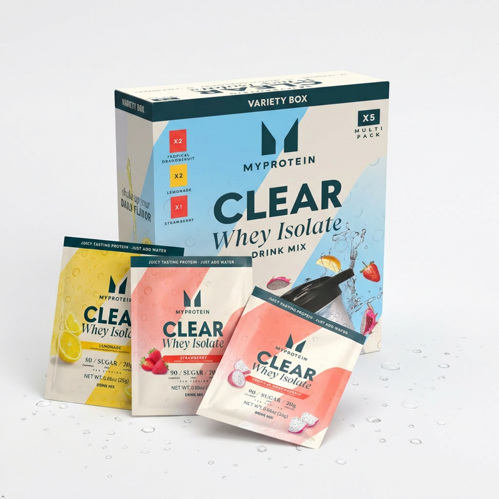Myprotein Clear Whey Isolate, Sample Sachet 5 pack (USA) - 5Sachets - Lemonade, Tropical Dragonfruit, Strawberry Image 1