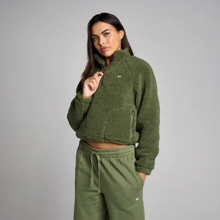 Polaire borg MP femme coupe courte zippée 1/4 - Olive délavé